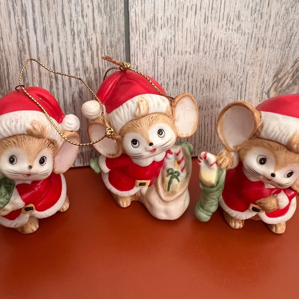Homco Vintage Christmas Mouse Ornaments Set of 3 Ceramic Santa Mice 5252 Red